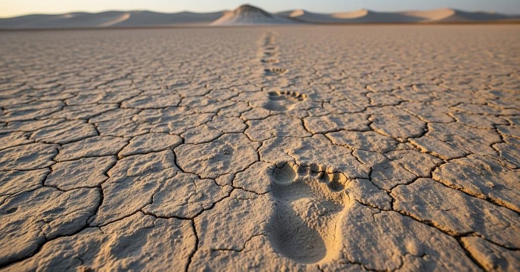 Wide aerial view of cracked ancient lakebed at White Sands where Ice Age footprints were discovered