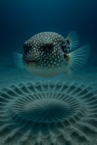Male white-spotted pufferfish sculpting an intricate geometric sand circle on the ocean floor