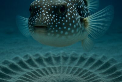 Male white-spotted pufferfish sculpting an intricate geometric sand circle on the ocean floor