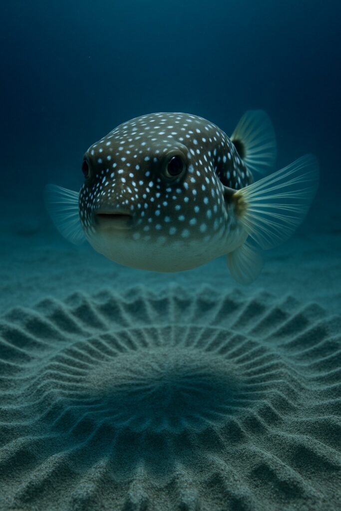 Male white-spotted pufferfish sculpting an intricate geometric sand circle on the ocean floor