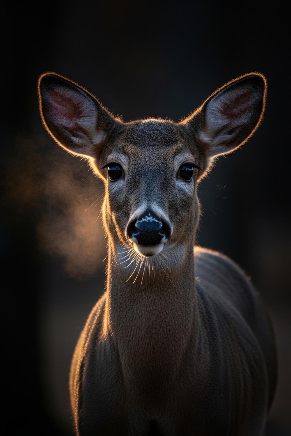 White-tailed deer standing alert at the dark edge of a fragmented forest