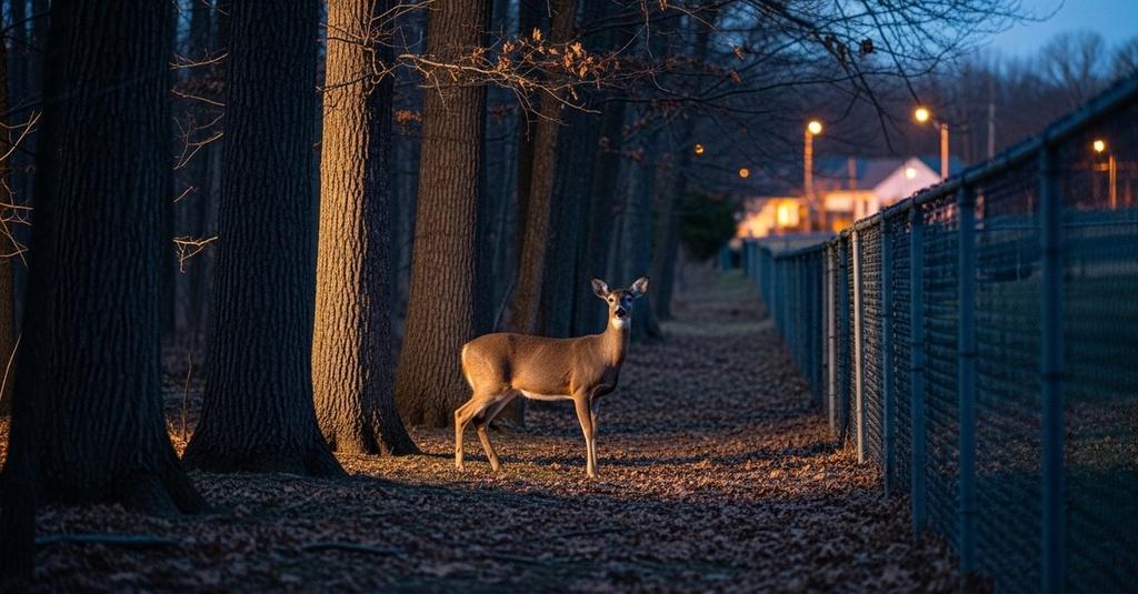 Deer moving cautiously through brush and unmowed grass at night