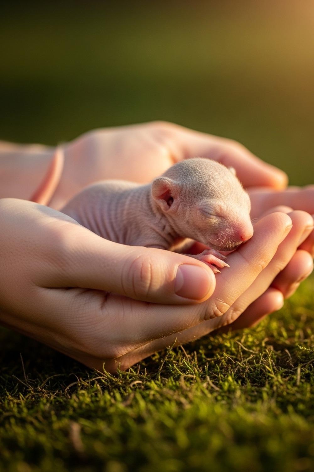 Tiny hairless baby squirrel kitten curled in a human palm outdoors in soft light