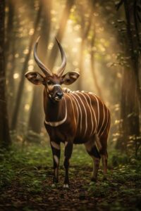 A striking chestnut bongo antelope with spiral horns standing in a misty Central African forest