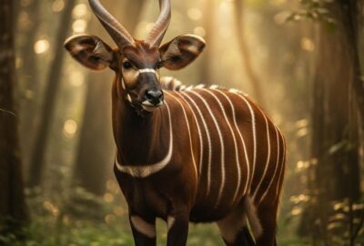 A striking chestnut bongo antelope with spiral horns standing in a misty Central African forest