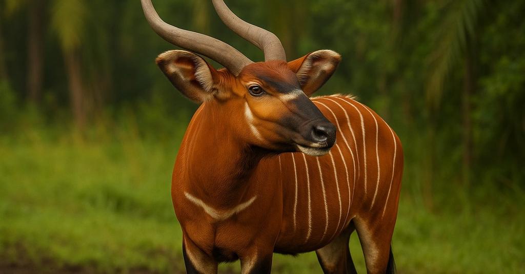 Close-up of a bongo grazing near charred wood after a forest lightning fire