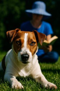 Person in blue hat reading a paperback book to an attentive Jack Russell Terrier on green grass