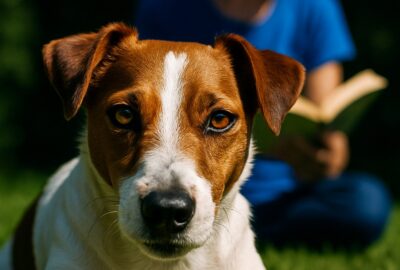Person in blue hat reading a paperback book to an attentive Jack Russell Terrier on green grass