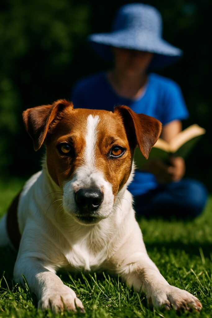 Person in blue hat reading a paperback book to an attentive Jack Russell Terrier on green grass