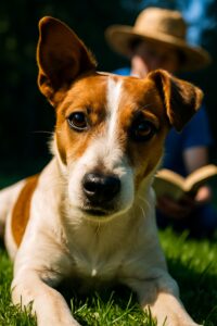 Person in cobalt hat reads open book to attentive Jack Russell Terrier on green lawn