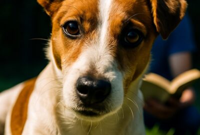Person in cobalt hat reads open book to attentive Jack Russell Terrier on green lawn
