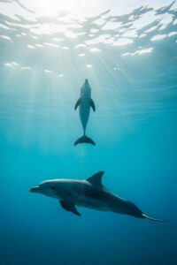 A newborn dolphin calf swimming upward toward sunlight beside its mother in clear ocean water