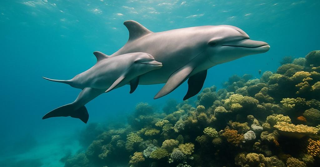 Female dolphins forming a protective circle around a mother and her newborn calf near the surface