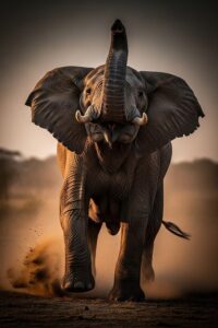 Massive African elephant fleeing through savanna dust at golden hour in Kenya