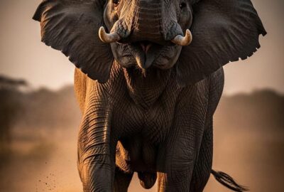 Massive African elephant fleeing through savanna dust at golden hour in Kenya