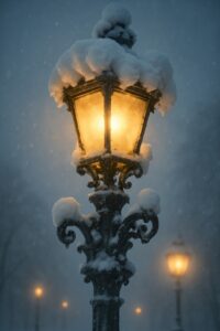 Snow-covered Victorian lamp post glowing amber along a quiet urban park path