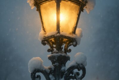 Snow-covered Victorian lamp post glowing amber along a quiet urban park path
