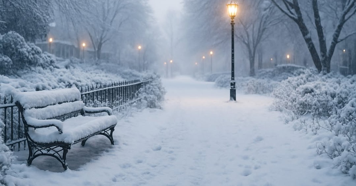 Heavy snow blanketing a cast-iron park bench beneath bare winter trees at dusk