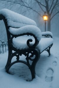 Snow-covered Victorian park bench and glowing lamp post in silent winter storm