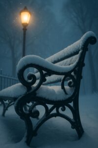 Snow-covered Victorian park bench and glowing amber street lamp in winter fog