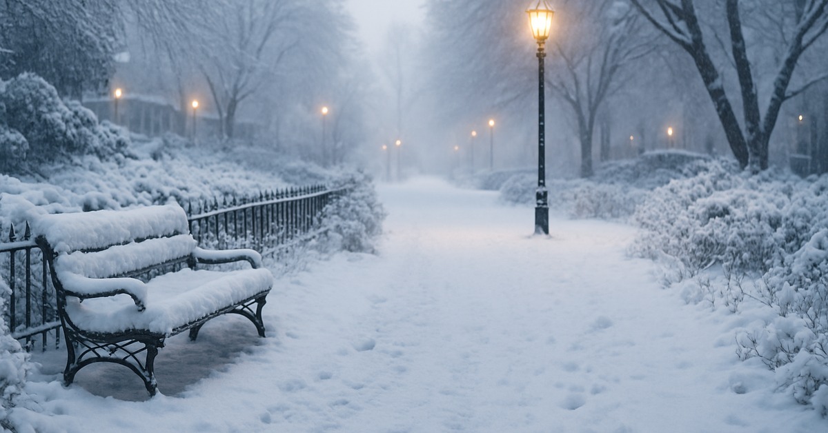 Foggy snow-covered park path receding into golden lamp post bokeh at dawn