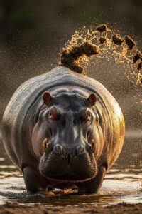 Dominant male hippo with tail raised in territorial dung-showering display at riverbank
