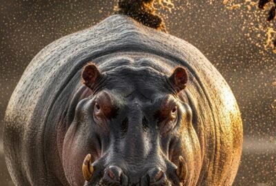 Dominant male hippo with tail raised in territorial dung-showering display at riverbank