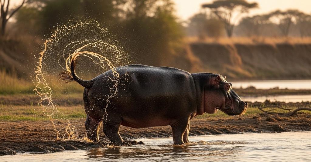 Massive hippo bull standing in murky river water surrounded by competing males