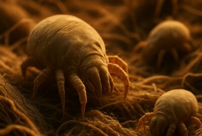 Extreme close-up macro view of dust mites thriving deep inside mattress fibers