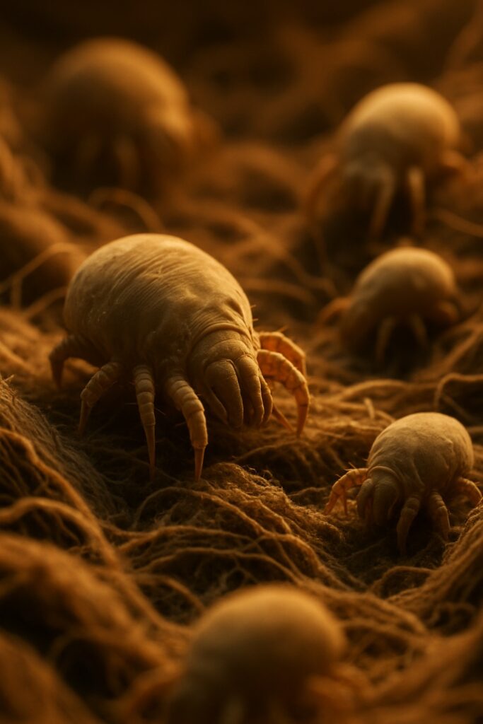 Extreme close-up macro view of dust mites thriving deep inside mattress fibers