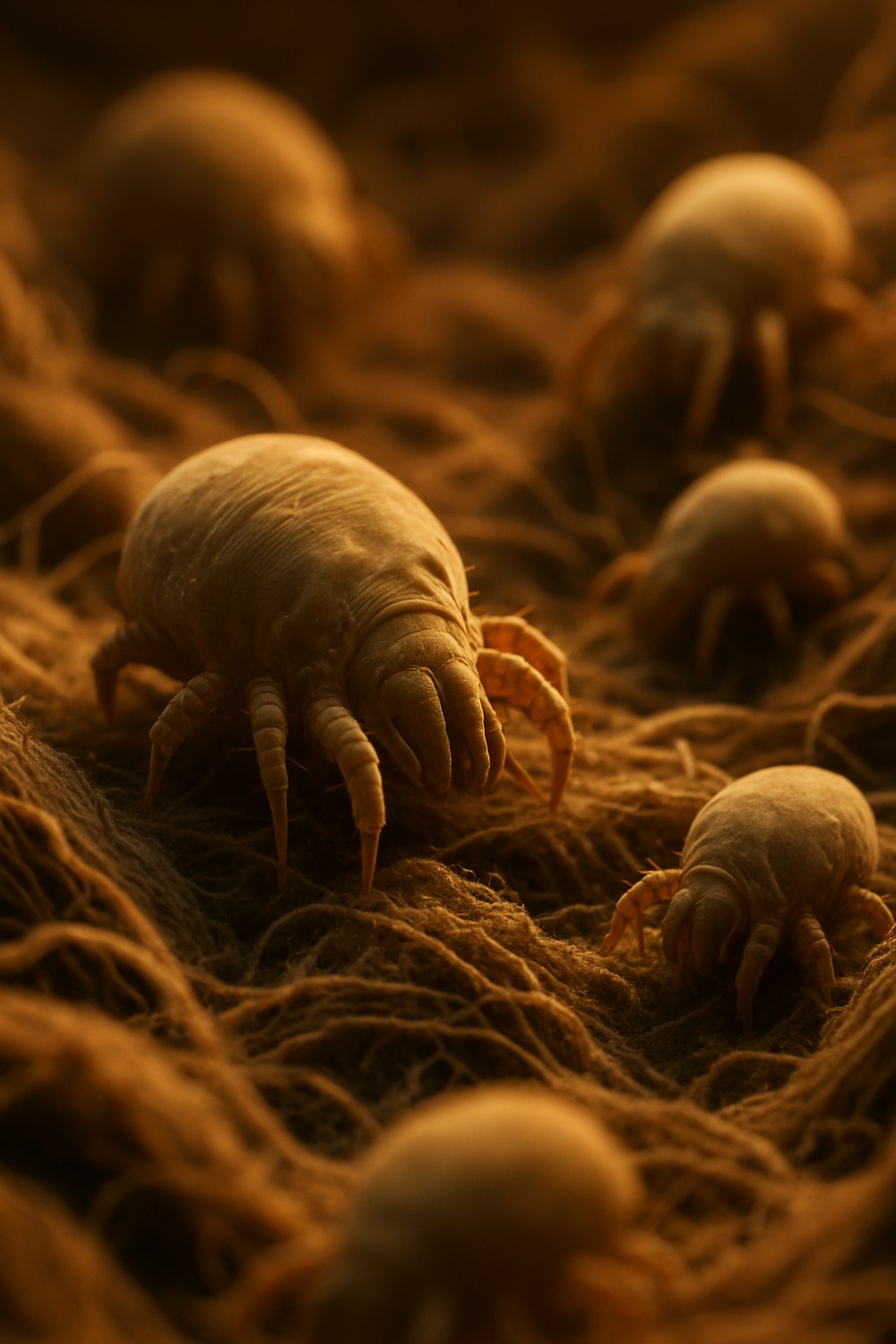 Extreme close-up macro view of dust mites thriving deep inside mattress fibers