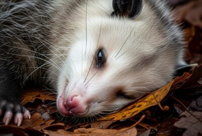 Virginia opossum lying motionless on forest floor with glazed eyes and limp limbs