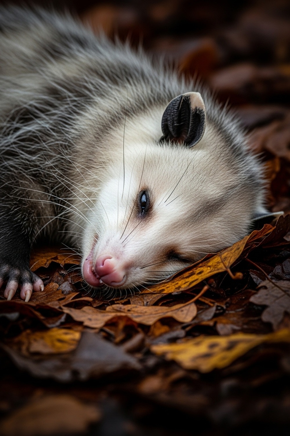 Virginia opossum lying motionless on forest floor with glazed eyes and limp limbs