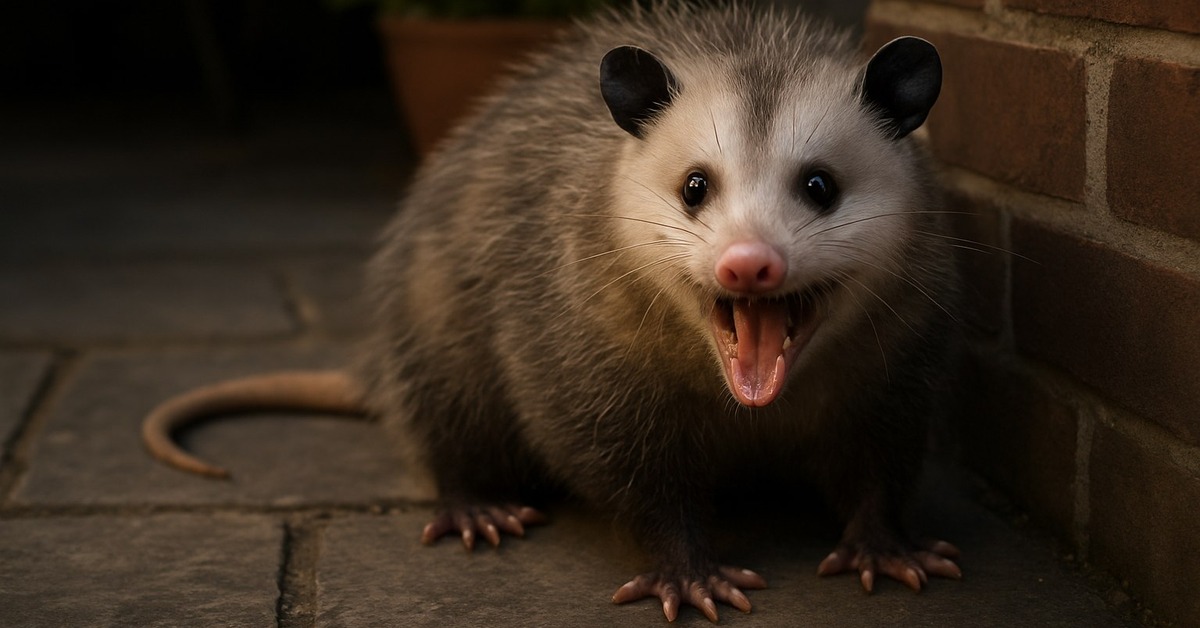 Close-up of opossum baring teeth mid-defensive display before collapsing into tonic immobility