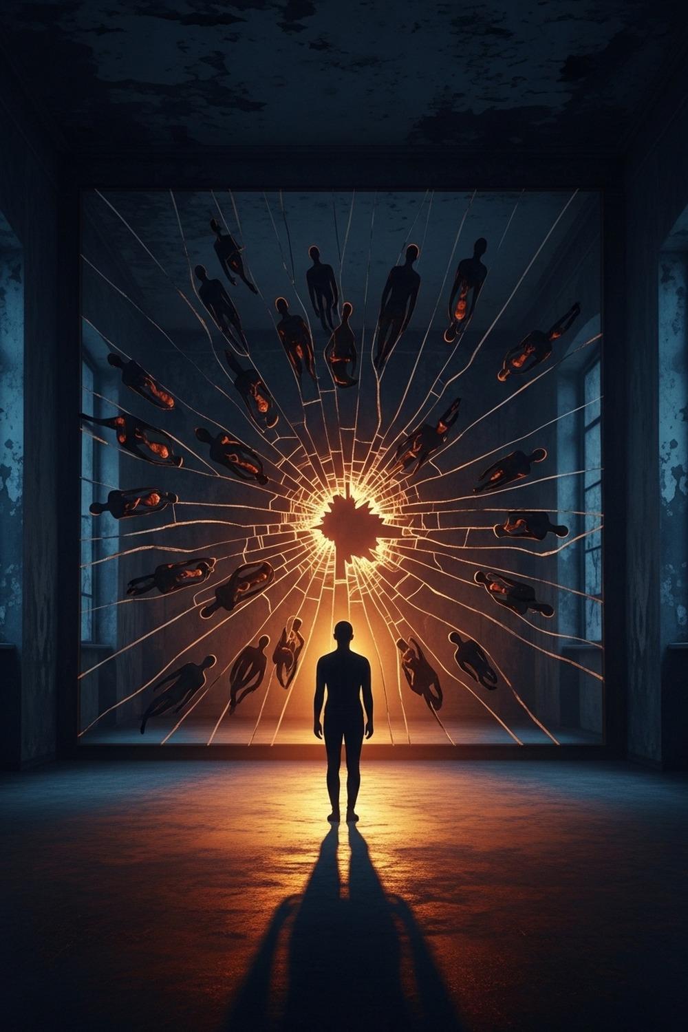 A solitary figure standing before a fractured mirror reflecting distorted images in moody light