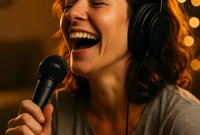 Joyful woman singing into microphone with warm golden bokeh lights glowing around her