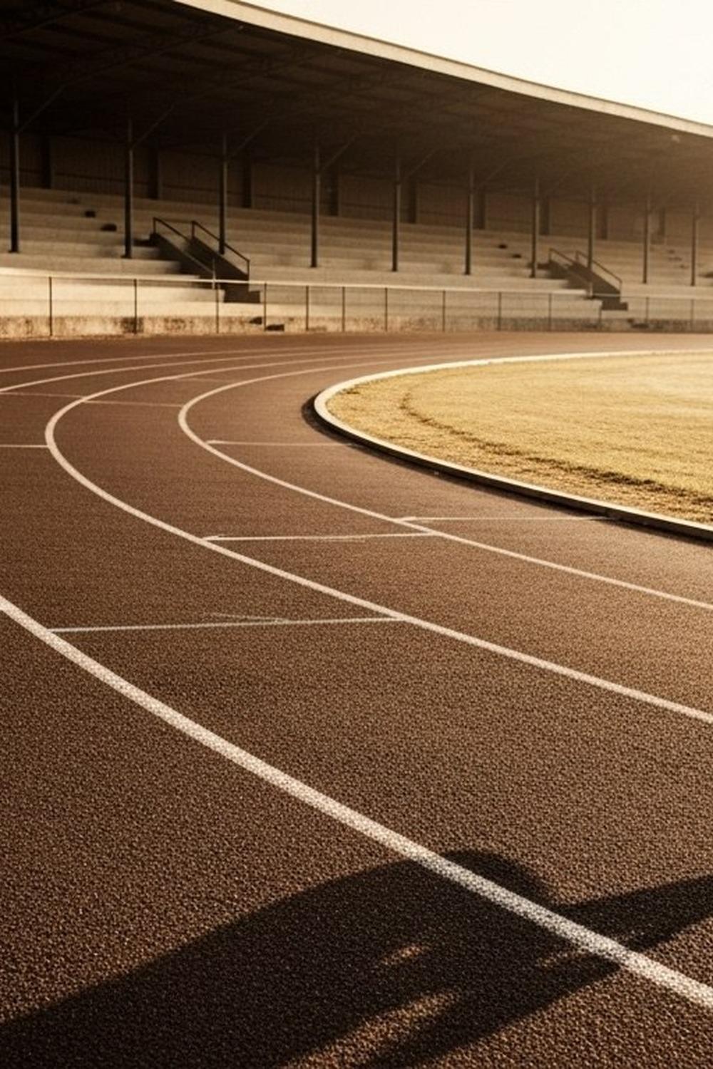 Aerial view of a modern running track oval glowing at dusk from above