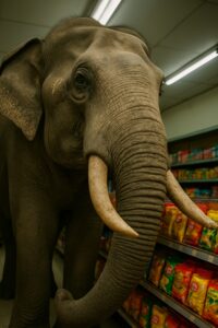 Large wild Asian elephant with tusks standing inside a brightly lit Thai convenience store