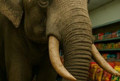Large wild Asian elephant with tusks standing inside a brightly lit Thai convenience store