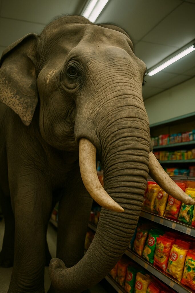 Large wild Asian elephant with tusks standing inside a brightly lit Thai convenience store