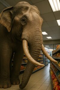 Large wild Asian elephant with tusks standing inside a brightly lit Thai grocery store aisle