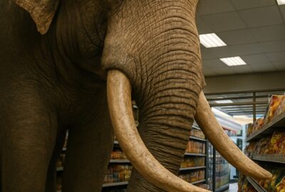 Large wild Asian elephant with tusks standing inside a brightly lit Thai grocery store aisle