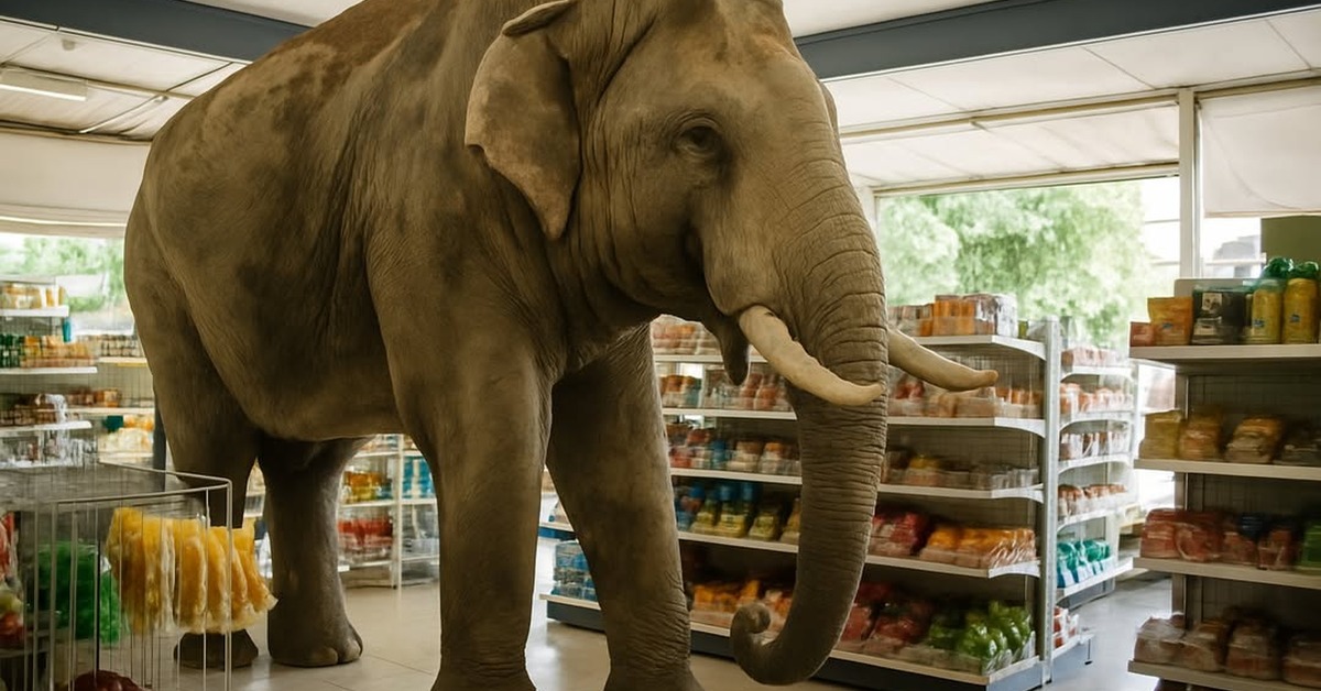 Asian elephant browsing packed shelves inside a small Thai grocery store aisle