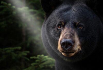 A black bear emerges from a forest edge at night near a suburban backyard porch light