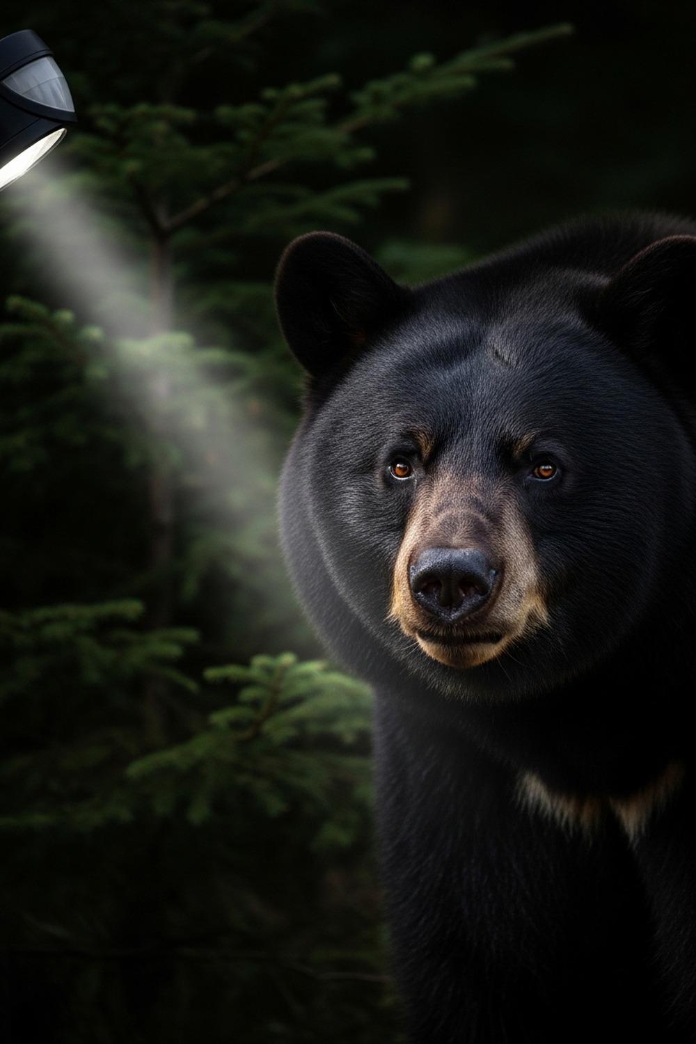 A black bear emerges from a forest edge at night near a suburban backyard porch light