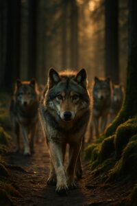 Alpha gray wolf leading pack down misty forest trail at golden hour