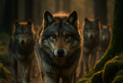 Alpha gray wolf leading pack down misty forest trail at golden hour
