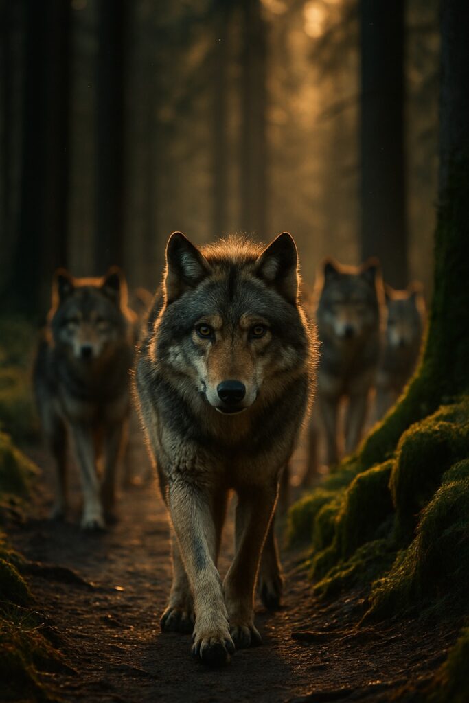 Alpha gray wolf leading pack down misty forest trail at golden hour