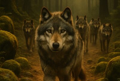 A pack of gray wolves walks a forest path in golden morning light toward camera