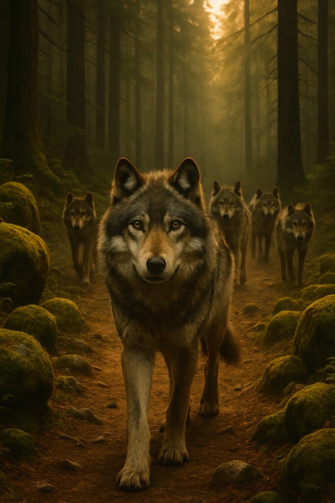 A pack of gray wolves walks a forest path in golden morning light toward camera